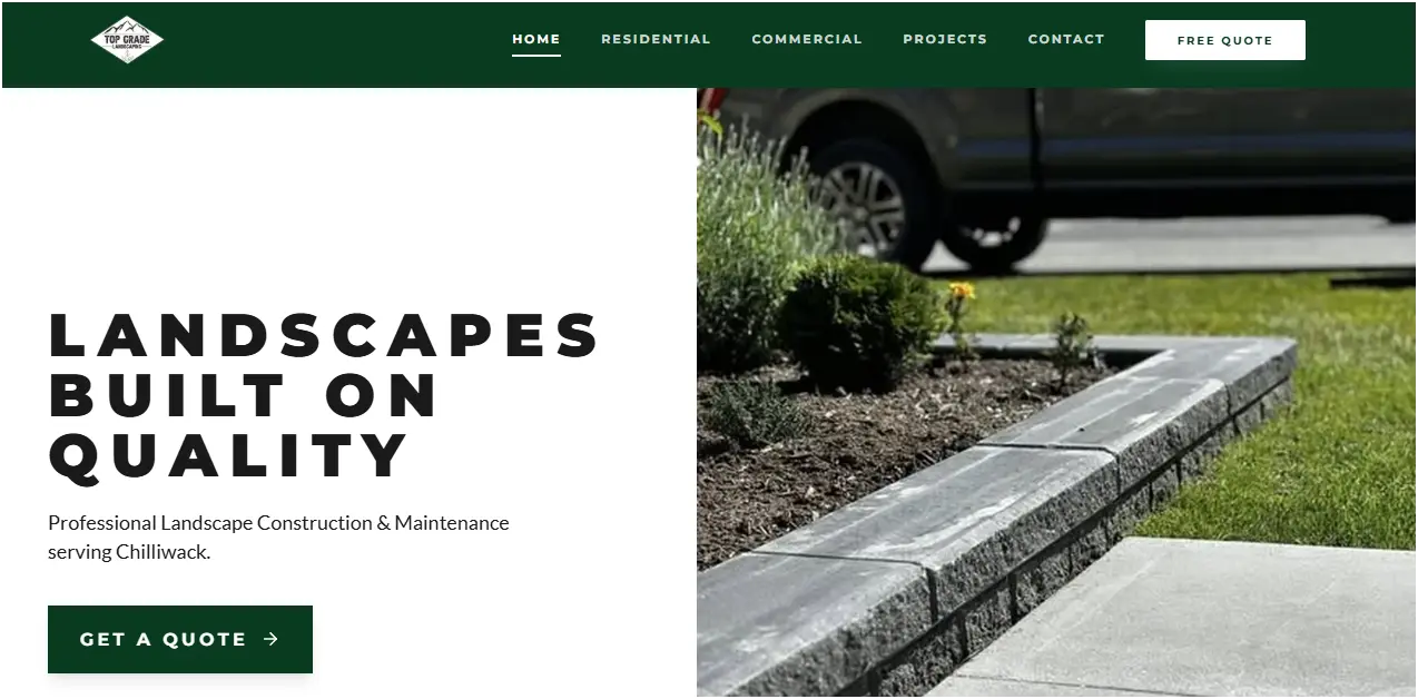 The Top Grade Landscaping homepage, showing a finished hardscaping job under the heading Landscapes Built On Quality, with a Get A Quote button.
